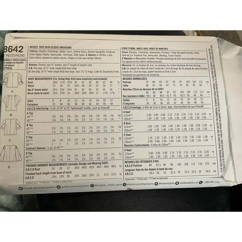 Simplicity Pattern 8642 Sz 14-22 Misses Tops w/ Variations Uncut NEW